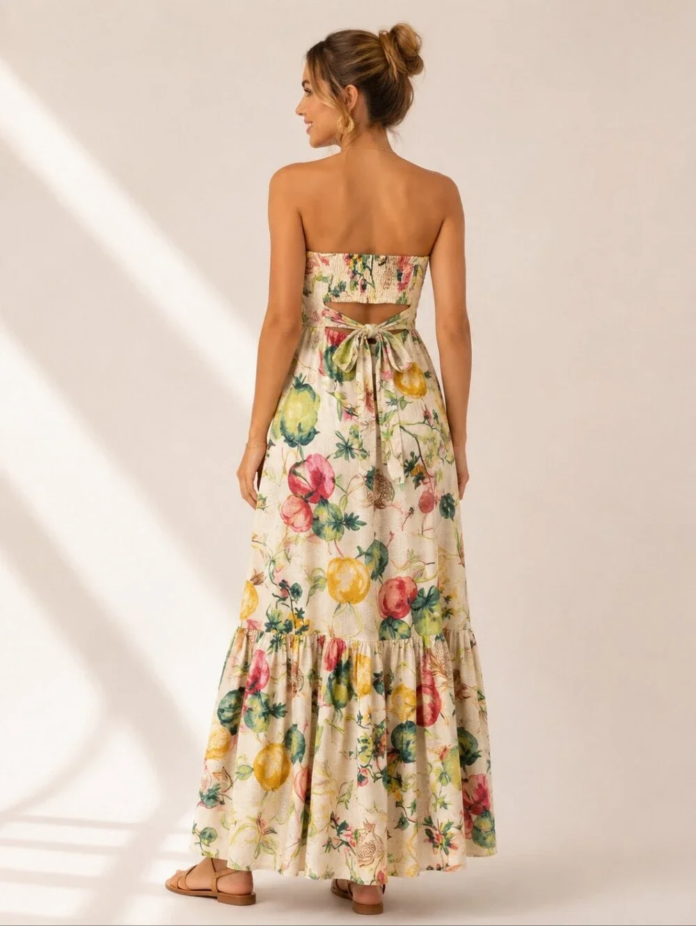 Abercrombie Premium Linen Strapless Babydoll Maxi Dress Veggie Print Medium